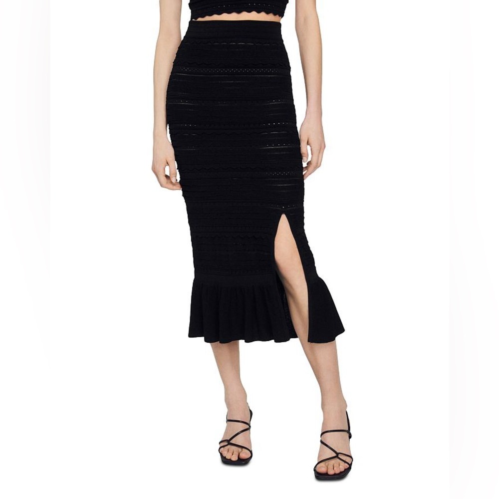 Sandro Black Knit Midi Skirt with Ruffle Hem and Side Slit